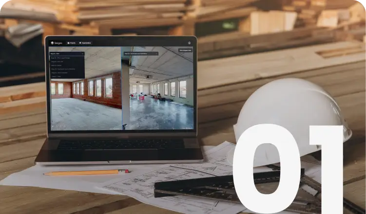 Laptop with STAGES app displaying construction progress comparison, placed on a wooden desk alongside technical drawings, a pencil, and a safety helmet – visual representation of the tool in a real construction environment